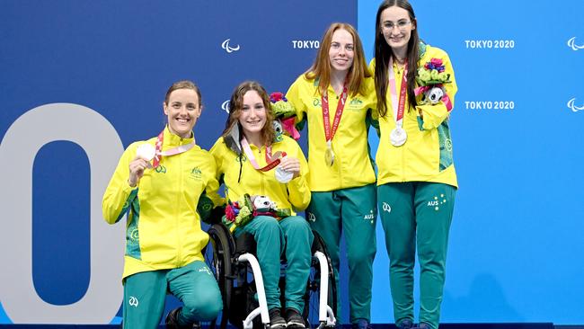 Izzy Vincent (middle , left) celebrates Silver with 4x100 Medley relay teammates Ellie Cole (left), Emily Beecroft and Ashleigh McConnell. Picture: Delly Carr