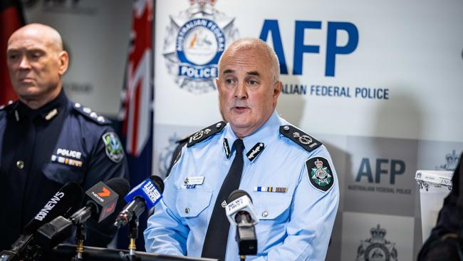 Australian Federal Police Assistant Commissioner Peter Harvey to media on March 31 at AFP headquarters, Adelaide Airport. Picture: Tom Huntley