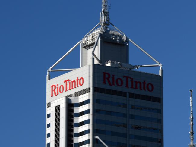 The logo of miner Rio Tinto is seen on an office tower in Perth, Monday, May 23, 2016. (AAP Image/Mick Tsikas) NO ARCHIVING