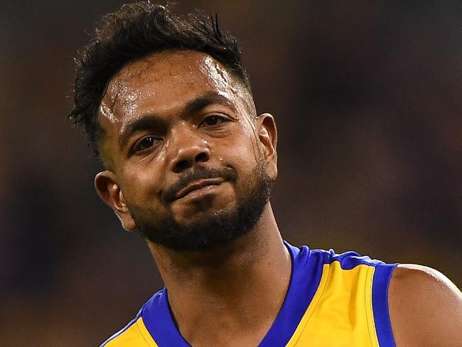 PERTH, AUSTRALIA - AUGUST 24: Willie Rioli of the Eagles celebrates after scoring a goal during the 2019 AFL round 23 match between the West Coast Eagles and the Hawthorn Hawks at Optus Stadium on August 24, 2019 in Perth, Australia. (Photo by Daniel Carson/AFL Photos via Getty Images)