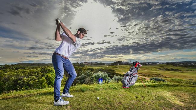 Geelong footballer Tom Hawkins enjoys a few rounds of golf at Barwon Heads Golf Club in 2016. Picture: Nigel Hallett