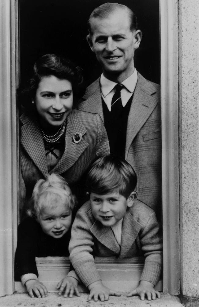 28th September 1952: Queen Elizabeth with her husband Prince Philip, Duke of Edinburgh and her children, Charles and Anne at Balmoral Castle in Scotland. Picture: Lisa Sheridan/Studio Lisa/Getty Images