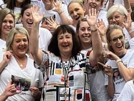 Riverside Primary School staff farewelling long-serving principal Jane Bovill (centre) with T-shirts honouring the departed leader. Picture: Supplied