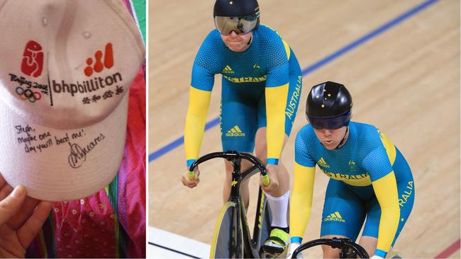 Stephanie Morton’s hat, Morton (L) and Meares on the track in Rio.