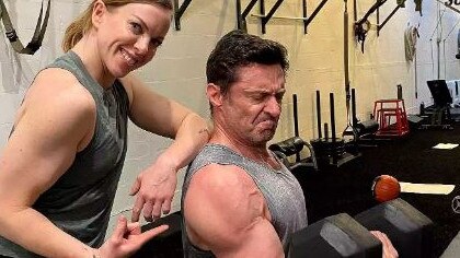 Hugh Jackman, with trainer Beth Lewis, shows off his muscles as he gets set to play Wolverine again. Picture: Instagram