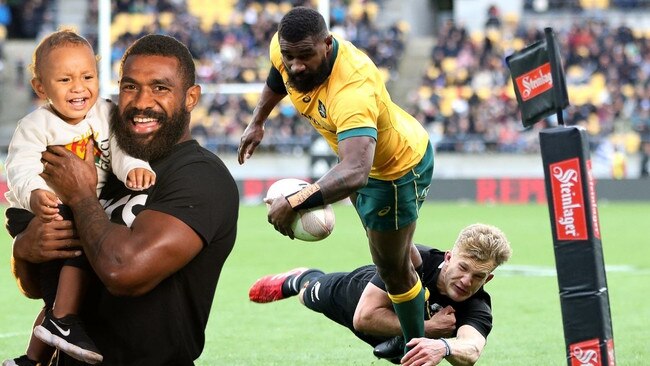 Wallabies winger Marika Koroibete was reunited with his son Isaiah after 17 weeks apart. Picture: Stuart Walmsley/Rugby Australia