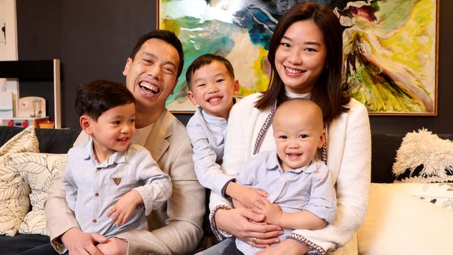 William Trieu and Eu Queen Ang, pictured with their three sons, make voluntary super contributions. Picture: Kelly Barnes