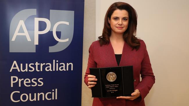 ABC journalist Louise Milligan with her 2019 Press Freedom Medal. The quantum is 40 ‘ScoMo Cartiers’ against four for the former Australia Post chief. Picture: Brett Costello