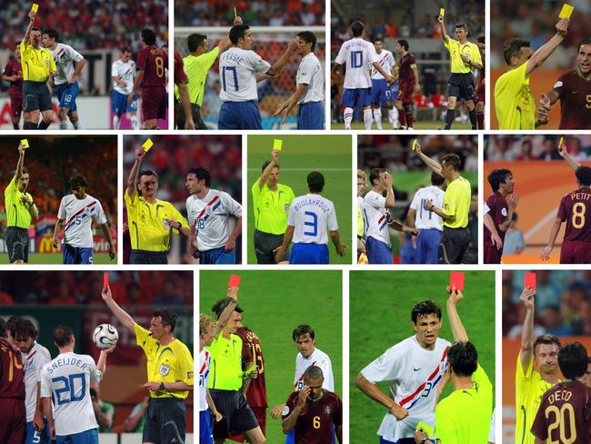 Nine yellow cards and four red cards were given by Russian referee Valentin Ivanov during Portugal and the Netherlands’ 2006 clash.