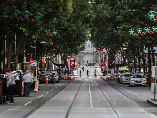 MELBOURNE, AUSTRALIA - DECEMBER 31: A general view of Bourke Street during New Year's Eve celebrations on December 31, 2020 in Melbourne, Australia. Celebrations look different this year as COVID-19 restrictions remain in place due to the ongoing coronavirus pandemic. (Photo by Asanka Ratnayake/Getty Images)