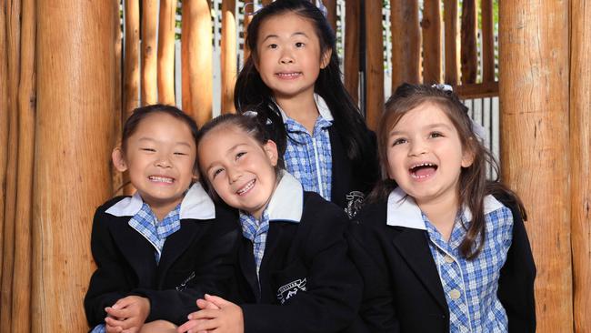 Strathcona Girls Grammar 2025 happy preppies are the sign of a healthy school, growing 13 per cent in the past five years. Preps (L-R) Evelyn, Evie, Savannah and Celine. Picture: Josie Hayden