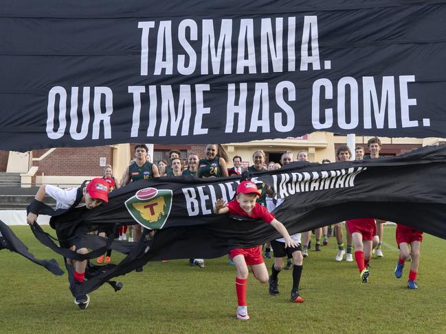 Official announcement for the 19th AFL licence for a Tasmanian team at North Hobart Oval. Picture: Chris Kidd