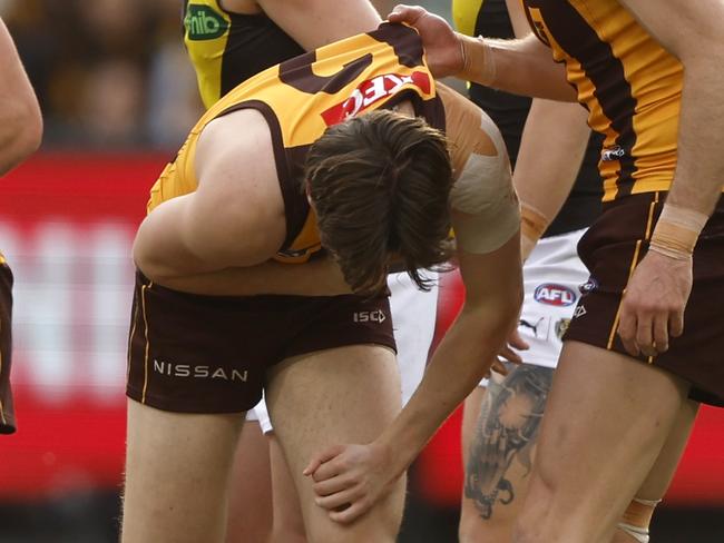 Day’s injury soured the Hawks’ latest win. (Photo by Darrian Traynor/Getty Images)