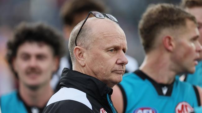 ADELAIDE, AUSTRALIA - JUNE 22: Ken Hinkley, Senior Coach of the Power during the 2024 AFL Round 15 match between the Port Adelaide Power and the Brisbane Lions at Adelaide Oval on June 22, 2024 in Adelaide, Australia. (Photo by James Elsby/AFL Photos via Getty Images)