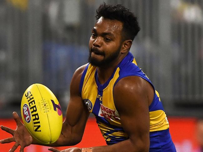 PERTH, AUSTRALIA - SEPTEMBER 05: Willie Rioli of the Eagles takes a mark during the 2019 AFL First Elimination Final match between the West Coast Eagles and the Essendon Bombers at Optus Stadium on September 05, 2019 in Perth, Australia. (Photo by Daniel Carson/AFL Photos)