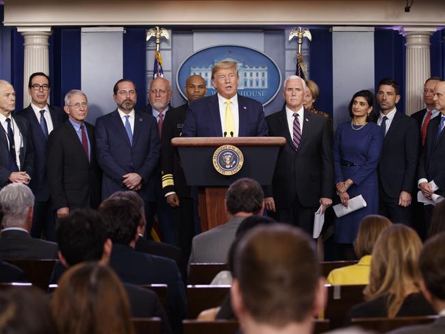 President Donald Trump briefing a room about the coronavirus outbreak. Picture: Carolyn Kaster