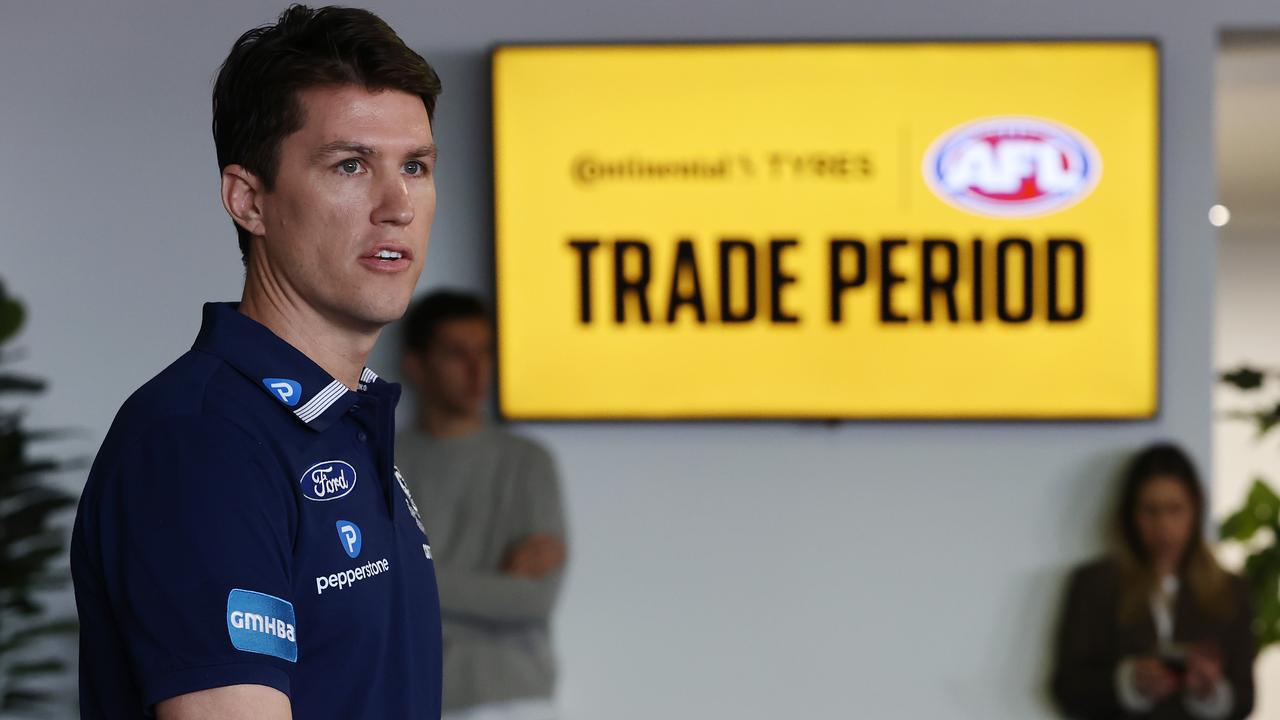 MELBOURNE , AUSTRALIA. October 9 , 2023. AFL Trade Period. List Manager of the Cats, Andrew Mackie speaks with media during The 2023 AFL Trade Period at Marvel Stadium on October 09 , 2023 in Melbourne, Australia. .Picture by Michael Klein