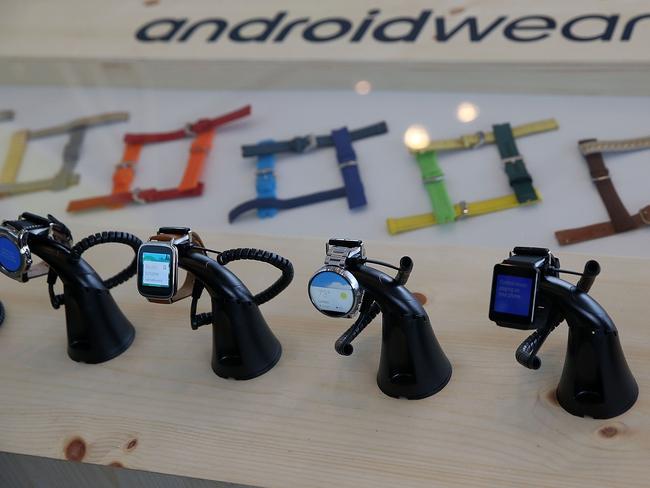 Display and pay ... Google Android Wear smart watches on display at the conference. Picture: Justin Sullivan/Getty Images/AFP