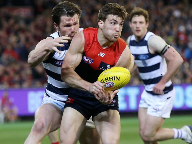 Jack Viney brought the pressure against the Cats. He’ll need to do it again against the Hawks. Picture: Michael Klein