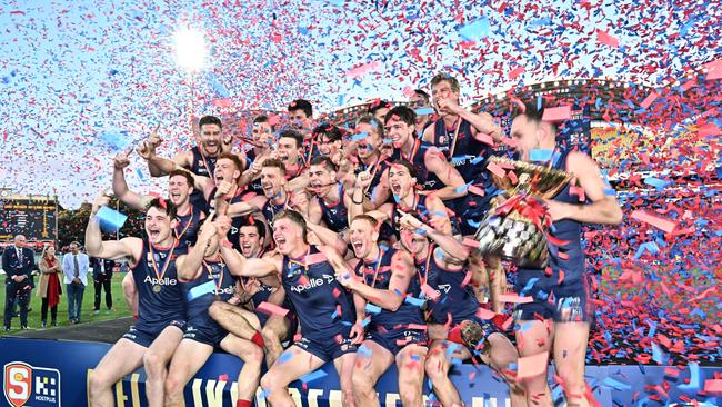 Redlegs players celebrate after winning the 2022 SANFL Grand Final between Norwood and North Adelaide at Adelaide Oval. Picture: SANFL/Scott Starkey