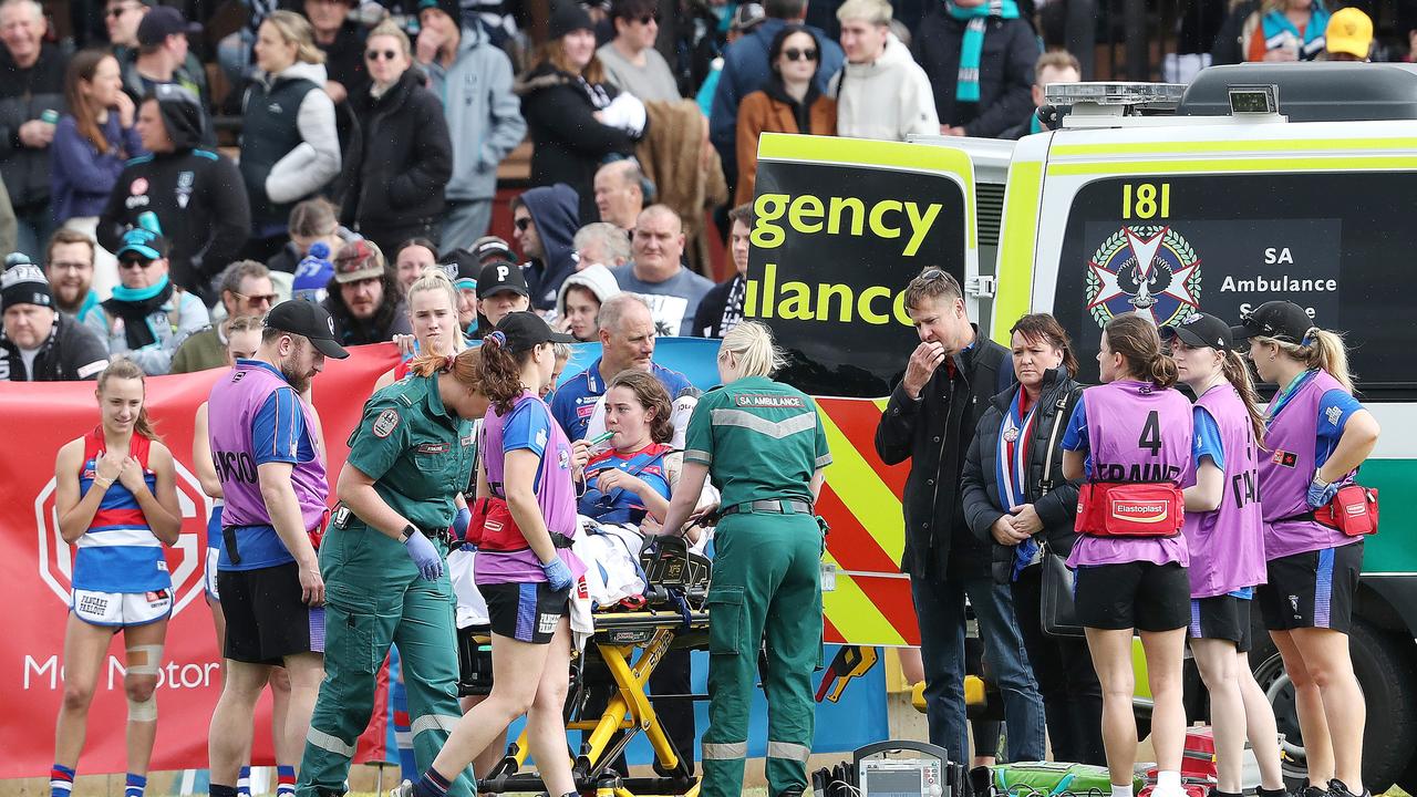 Britney Gutknecht was treated by paramedics on-field. Picture: Sarah Reed/AFL Photos via Getty Images