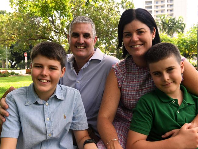 Newly appointed Chief Minister Natasha Fyles, with her partner Paul Archbold and sons Ollie and Henry. Picture: (A)manda Parkinson