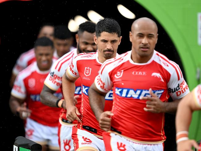 BRISBANE, AUSTRALIA - MARCH 11: Jeremy Marshall-King and Felise Kaufusi of the Dolphins runs onto the field during the round two NRL match between the Dolphins and the Canberra Raiders at Kayo Stadium on March 11, 2023 in Brisbane, Australia. (Photo by Bradley Kanaris/Getty Images)