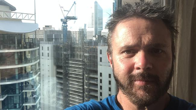 Anthony Keane during their isolation in Brisbane's Four Points by Sheraton Hotel.