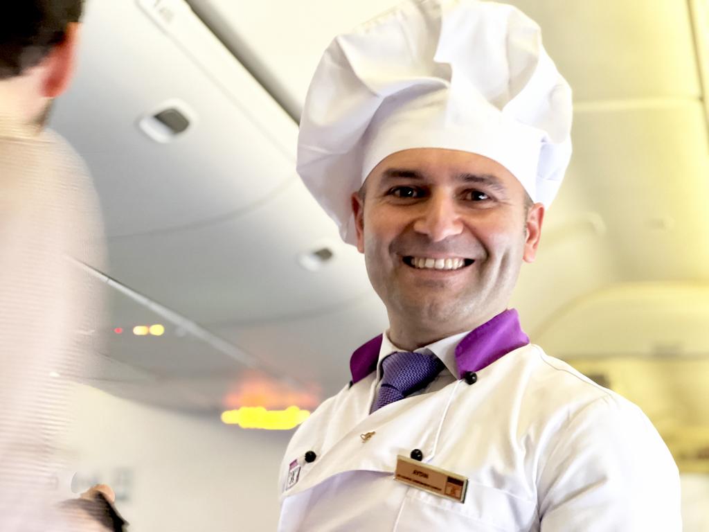 A rare sight on a plane – one of our in-flight chefs Aydin. Picture: Victoria Nielsen/news.com.au