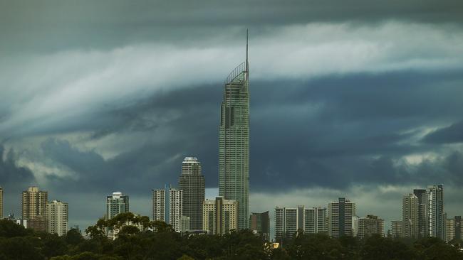 Storm clouds build over Surfers Paradise indicating a wet week ahead. Picture Glenn Hampson