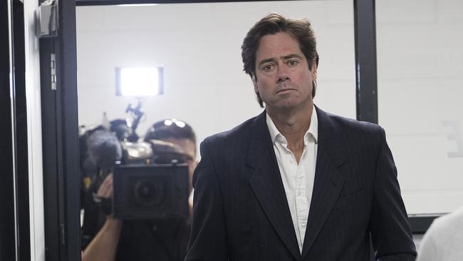 Gillon McLachlan heads into the press conference on March 22 that would confirm the 2020 season would be suspended. Picture: Michael Klein