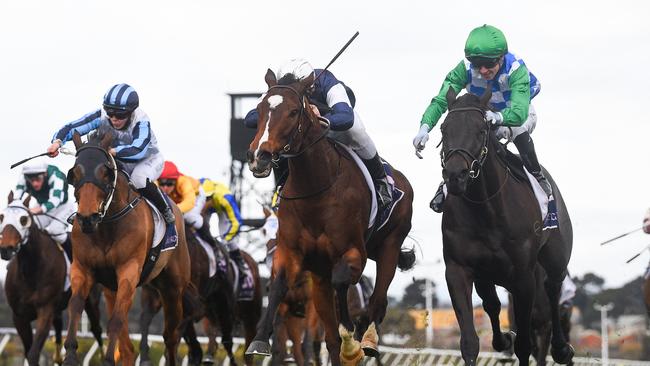 Ben Melham winning on Hosier in the VRC Member Justin Hoy Trophy at Flemington on Saturday. Picture: Pat Scala – Racing Photos via Getty Images