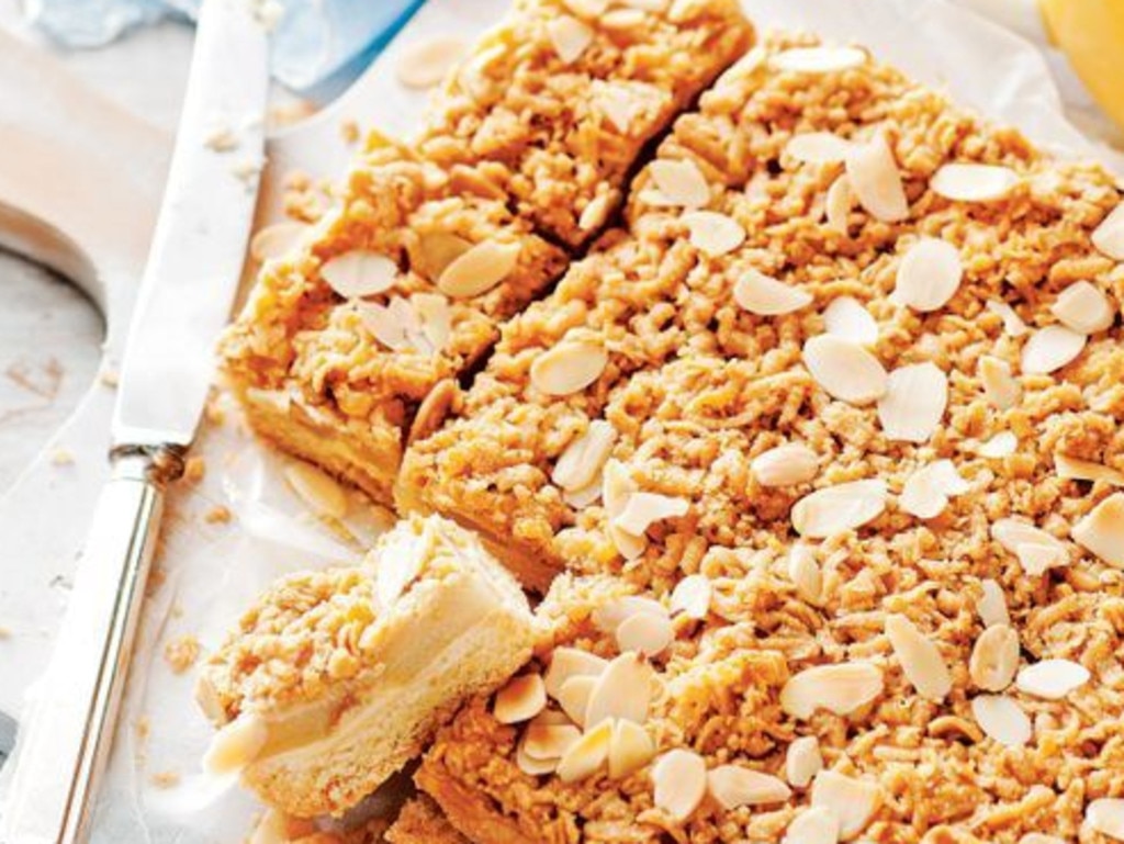 Apple and custard streusel slice.