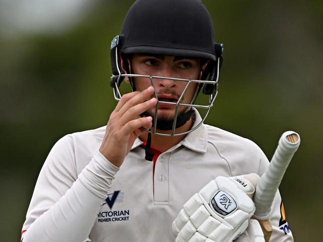 EssendonÃs Farzan Chowna after being dismissed during the Victorian Premier Cricket Northcote v Essendon match at Bill Lawry Oval in Northcote, Saturday, Feb. 25, 2023.Picture: Andy Brownbill