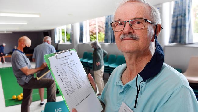 Mr Whiteley says the manual check-in is effective for the Caloundra Senior Citizens Club. Picture: Patrick Woods