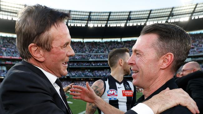 MELBOURNE, AUSTRALIA - SEPTEMBER 30: Collingwood President Jeff Browne and Craig McRae, Senior Coach of the Magpies celebrate during the 2023 AFL Grand Final match between the Collingwood Magpies and the Brisbane Lions at the Melbourne Cricket Ground on September 30, 2023 in Melbourne, Australia. (Photo by Dylan Burns/AFL Photos via Getty Images)