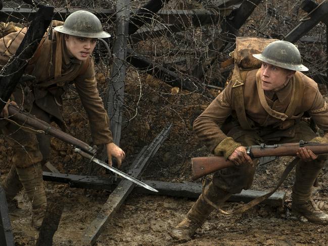 Dean-Charles Chapman, left, and George MacKay in a scene from 1917, directed by Sam Mendes. Picture: AP