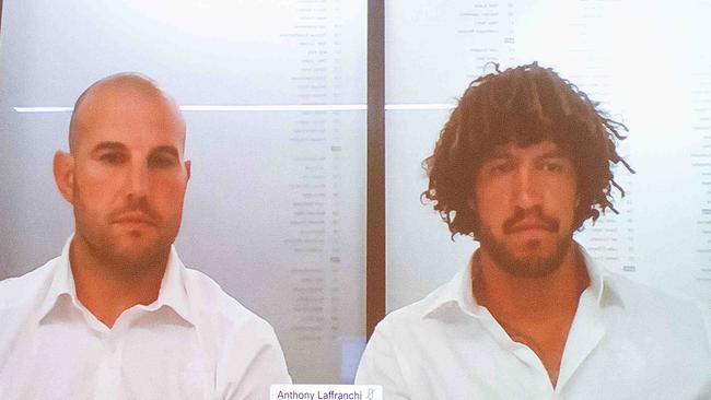 Titans' player Kevin Proctor (right) appears via video link at the NRL judiciary in Sydney. Picture: NCA NewsWire/Bianca De Marchi