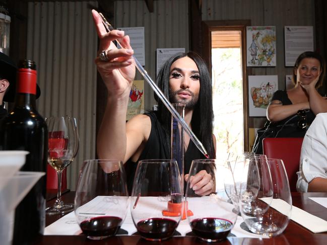 16.11.2015. Bearded lady and Eurovision winner Conchita Wurst is off for a day in McLaren Vale (her one day off during Feast Festival) to sample the food, wine and sights of the region. Conchita Wurst at D'Arenberg for blending bench experience.  pic tait schmaal.