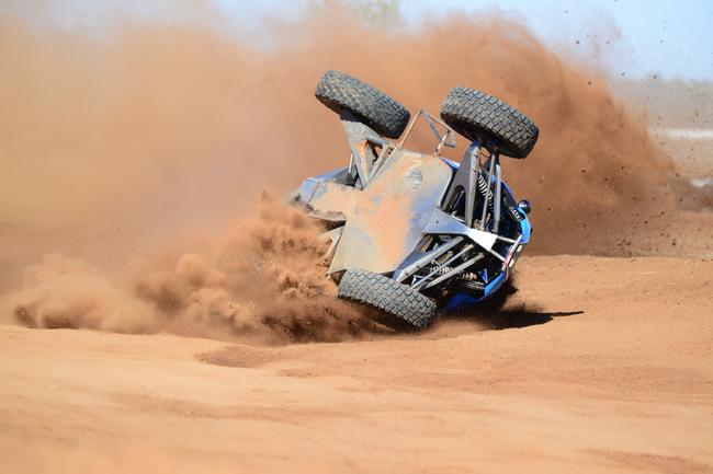 Jack Rhodes roll at the chicane of the 2019 Tatts Finke Desert Race Prologue Picture: MARK ROONEY