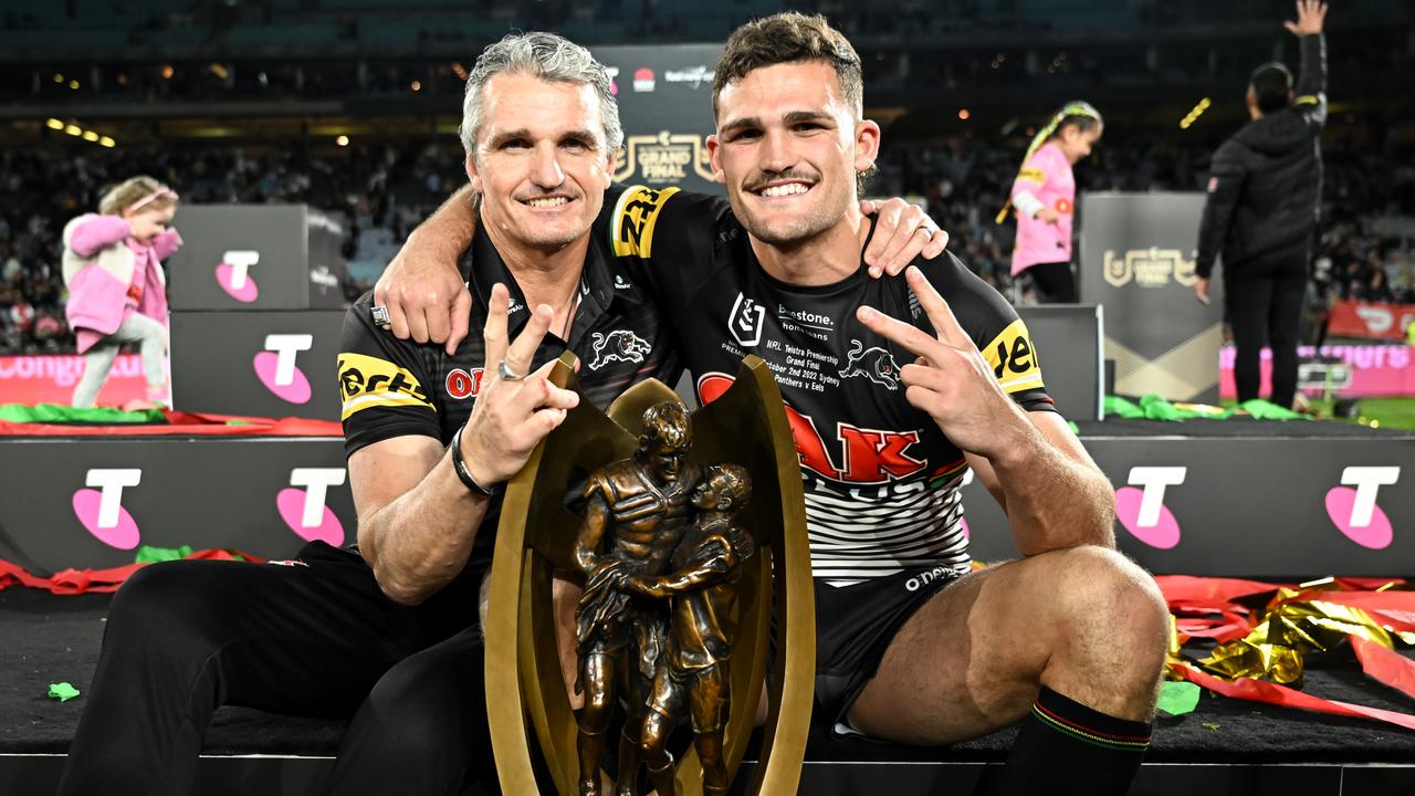 NRL 2022 GF PENRITH PANTHERS V PARRAMATTA EELS - NATHAN CLEARY, IVAN CLEARY, TROPHY, CELEB, WIN