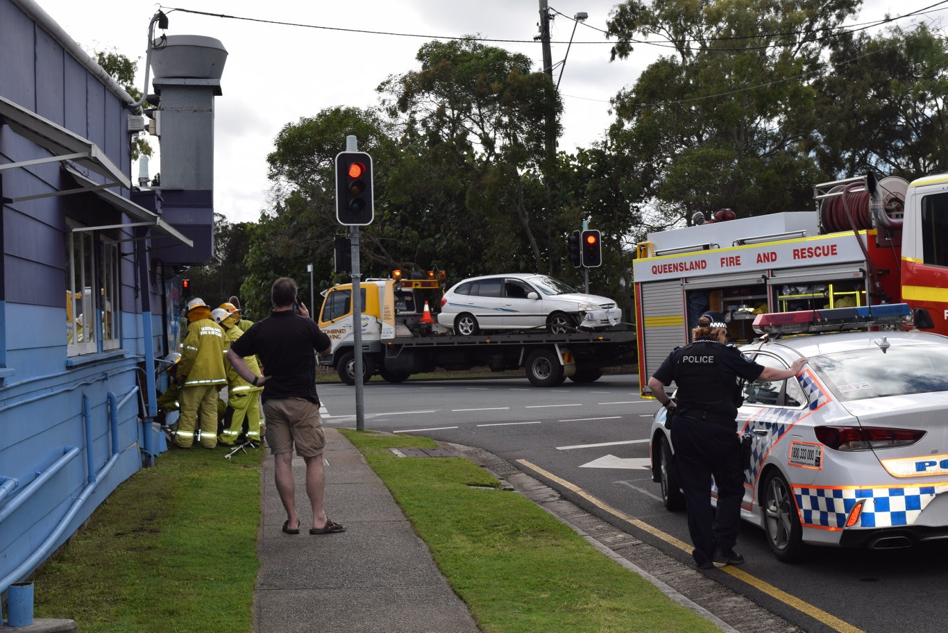 A car crashes into Swan Bites fish and chip shop on Bradman Avenue, Maroochydore.