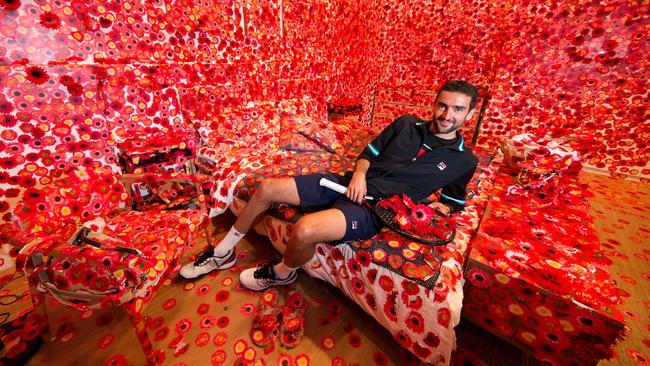 Tennis star Marin Cilic visited Yayoi Kusama's Flower Obsession rooms at the NGV Triennial exhibition during the Australian Open. Picture: Fiona Hamilton