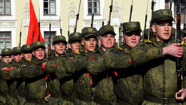 Russian servicemen rehearse for the Victory Day military parade in St Petersburg. Russia will celebrate the 76th anniversary of the 1945 victory over Nazi Germany on May 9. Picture: AFP