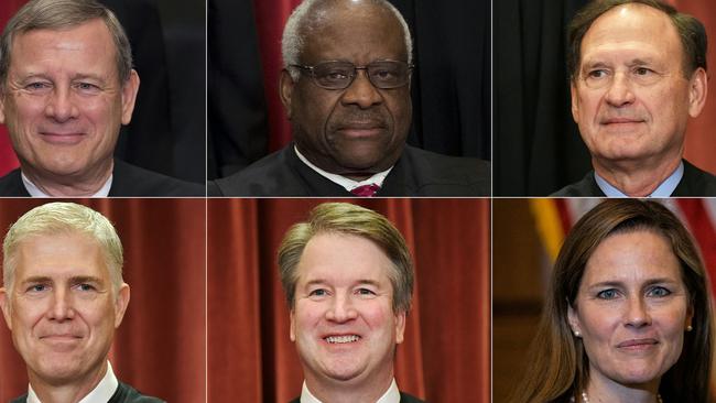 (From Top L) Chief Justice of the United States John G. Roberts, Justice Clarence Thomas, Justice Samuel Alito, Justice Neil Gorsuch, Justice Brett Kavanaugh and Justice Amy Coney Barrett.