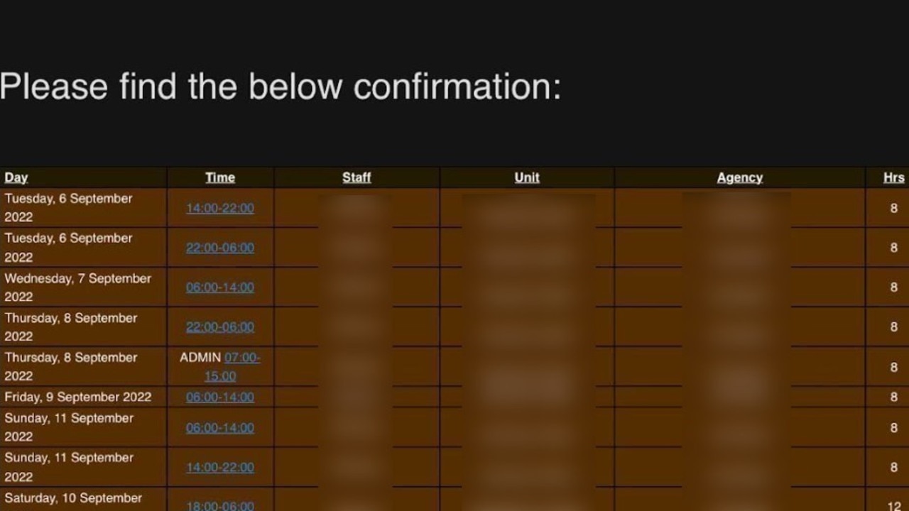 Timesheet of a disability support worker from an NDIS provider accused by the ACU of underpaying employers. Picture: Supplied