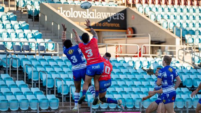 Devils Vs Butchers. Battle of the 3s Sosaia Feki and Steven Marsters compete for the high ball. Picture: Thomas Lisson