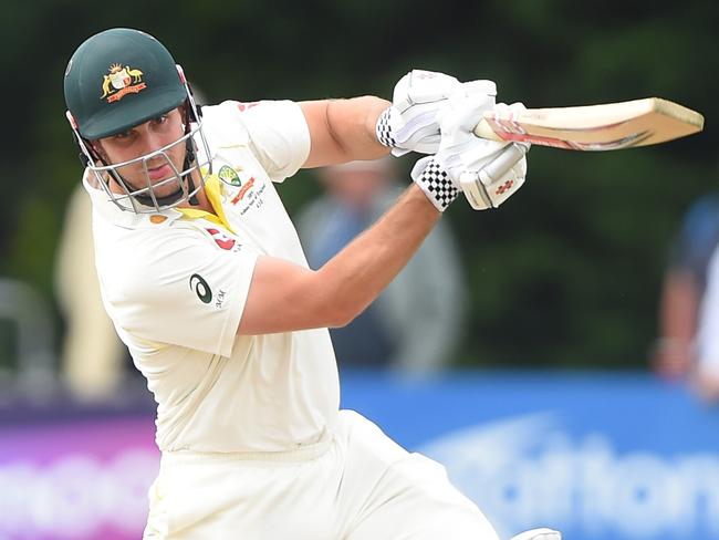 DERBY, ENGLAND - AUGUST 30: Mitchell Marsh of Australia bats during the Tour Match between Derbyshire and Australia at The County Ground on August 30, 2019 in Derby, England. (Photo by Nathan Stirk/Getty Images)