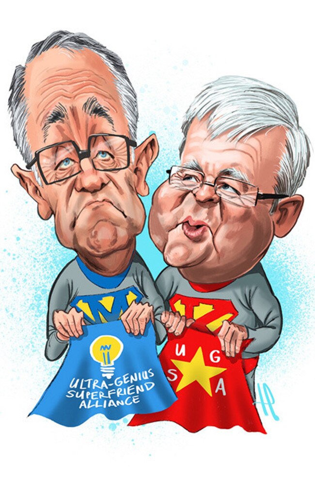 Malcolm Turnbull and Kevin Rudd’s Ultragenius Superfriend Alliance political party splits after three weeks when the former PMs can’t agree on a cape design. Art: Terry Pontikos