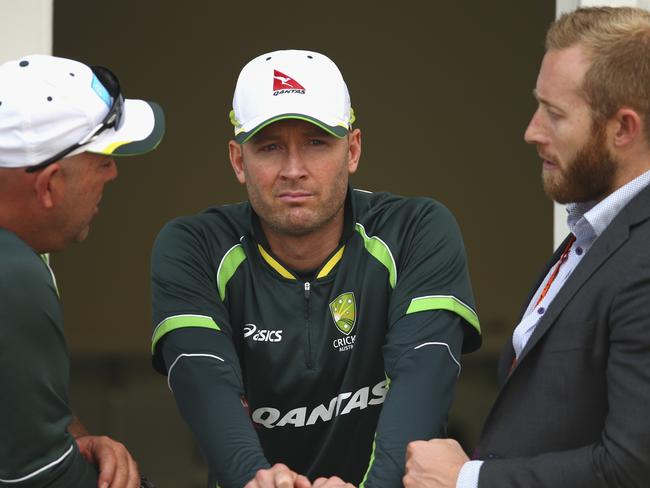 Australian coach Darren Lehmann, Michael Clarke and team manager during the 2015 Ashes. Picture: Ryan Pierse/Getty Images.